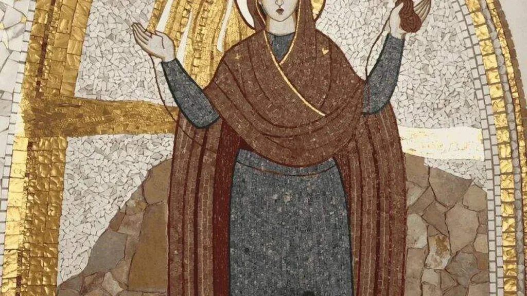 Nossa Senhora da Saúde. Mosaico lateral direito da capela do Hospital Beata Maria Ana em Madri.
