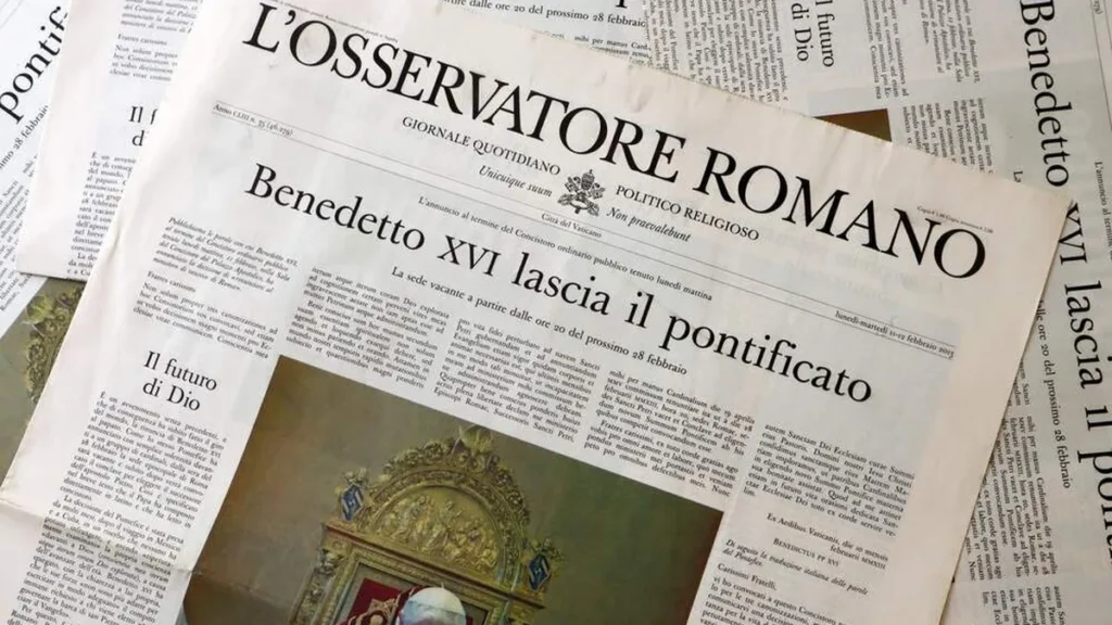 Imagem capa do jornal LOsservatore Romano noticia renuncia de Bento XVI do artigo Os momentos finais do pontificado de Bento XVI