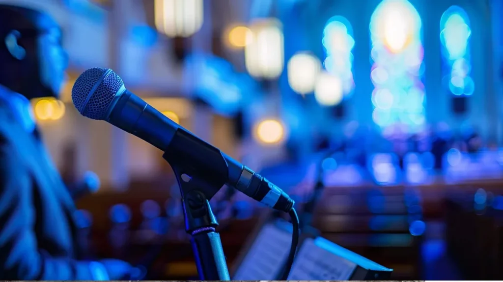 Imagem microfone na igreja cantando do artigo Série Cuidando do Som da Igreja: conheça mais sobre seu trabalho