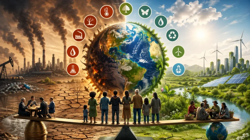 Um planeta em desequilíbrio: de um lado, degradação e excesso; do outro, regeneração e sustentabilidade — evidenciando que a crise ambiental está ligada a escolhas humanas e desigualdades no uso dos recursos.