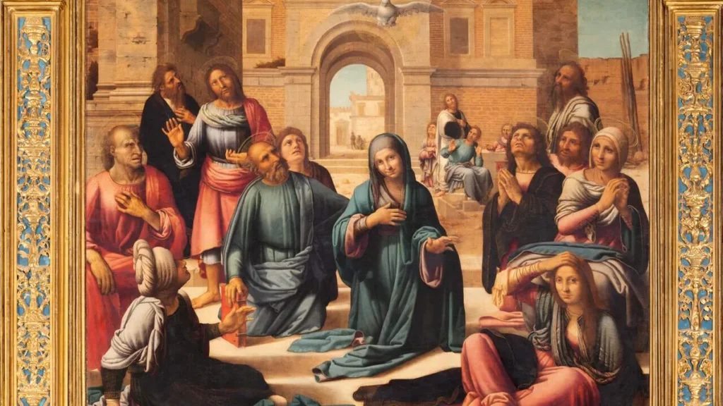 Imagem pintura de Pentecostes no altar mor da Catedral de Fernando Yanez de la Almedina e Hernando de los Llanos do artigo Maria em Pentecostes: cheia do Espírito Santo