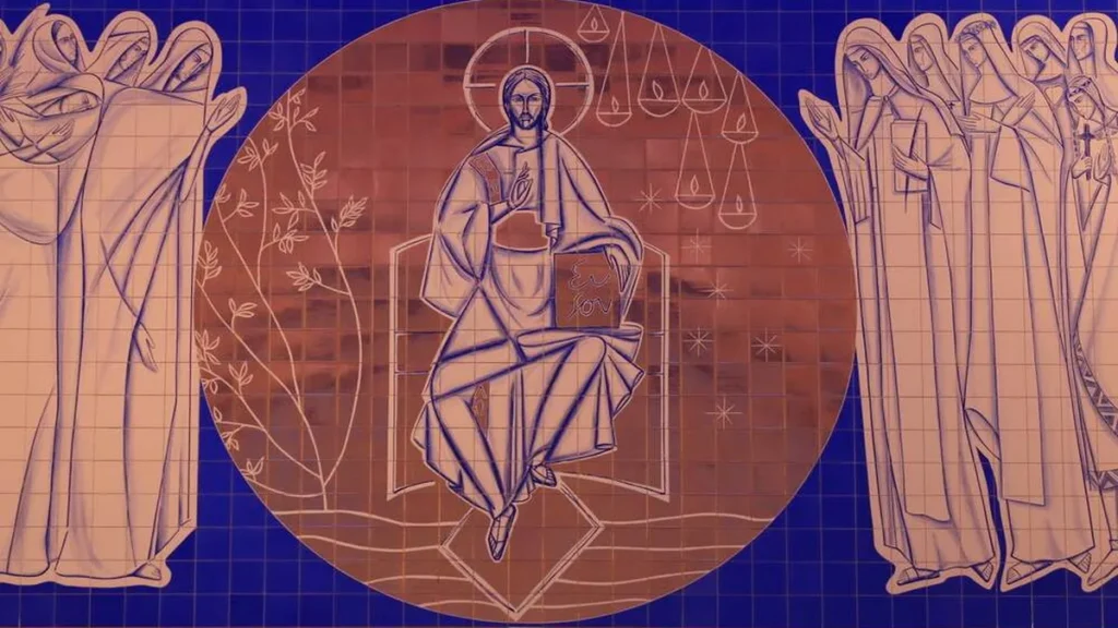 O ícone do Cristo Pantocrator, assinado por Claudio Pastro, pode ser apreciado na Nave Norte da Basílica, acima da Porta Santa.