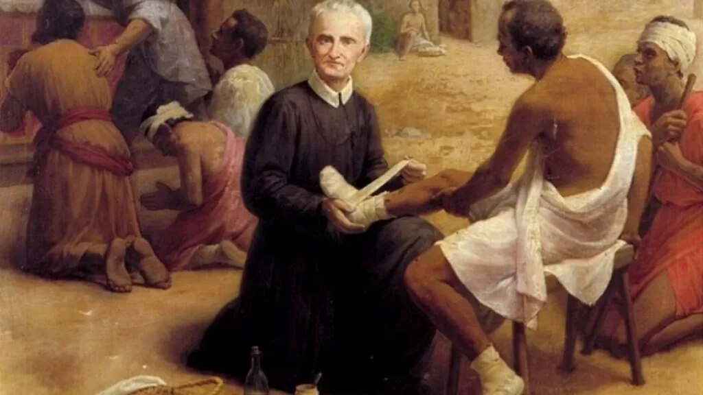 Ilustração mostra cuidado do beato com os doentes da Batávia, no Suriname