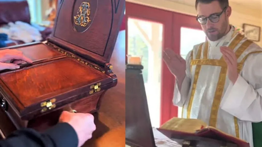Imagem Padre Cristopher celebrando em altar portatil do artigo Nos Estados Unidos, padre usa altar portátil para celebrar missas