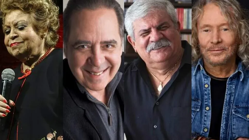 Imagem nosso palco 85 anos artistas do artigo Homenagem aos 80 anos de Leny Andrade, Dori Caymmi, Edu Lobo e Marcos Vale