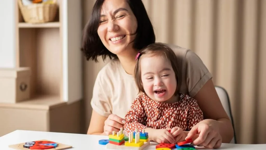 Mãe e filha com síndrome de Down brincam juntas.