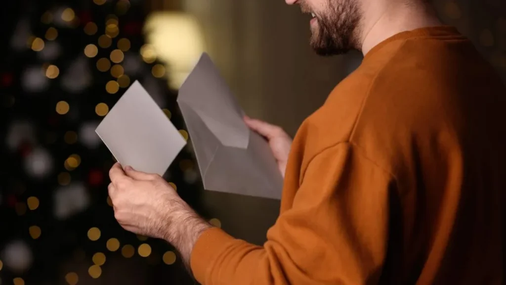 Imagem homem lendo cartao de natal do artigo Versículos para inspirar as mensagens de Natal e enviar aos amigos