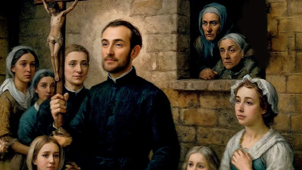 Jovem Santo Afonso em seu apostolado de rua com famílias pobres