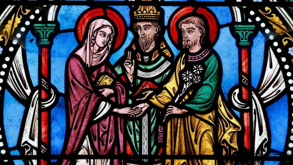 Imagem maria e jose em uma imagem de vitral do artigo Por que não se celebra nenhum santo durante a Semana Santa?