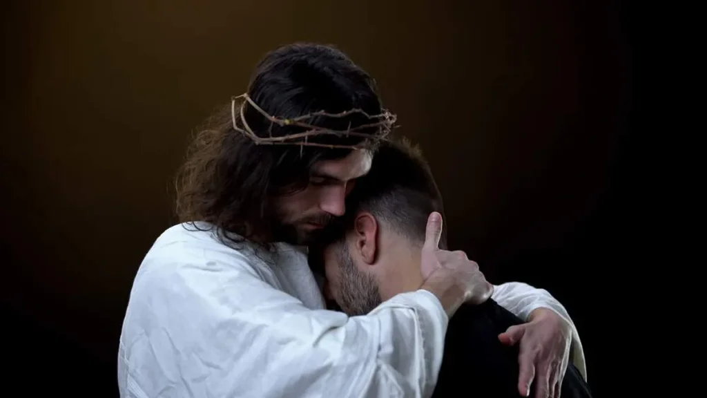 Imagem jesus consolando um homem do artigo Quando o choro bater à sua porta, leia esses 6 trechos bíblicos