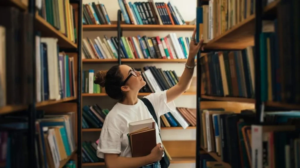 Imagem moca em uma biblioteca do artigo O livro como ferramenta de comunicação e conhecimento