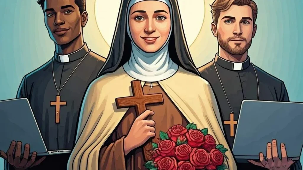 Imagem Santa Teresinha ao lado de Missionarios Digitais em formato de desenho do artigo 7 Inspirações de Santa Teresinha para os Missionários Digitais