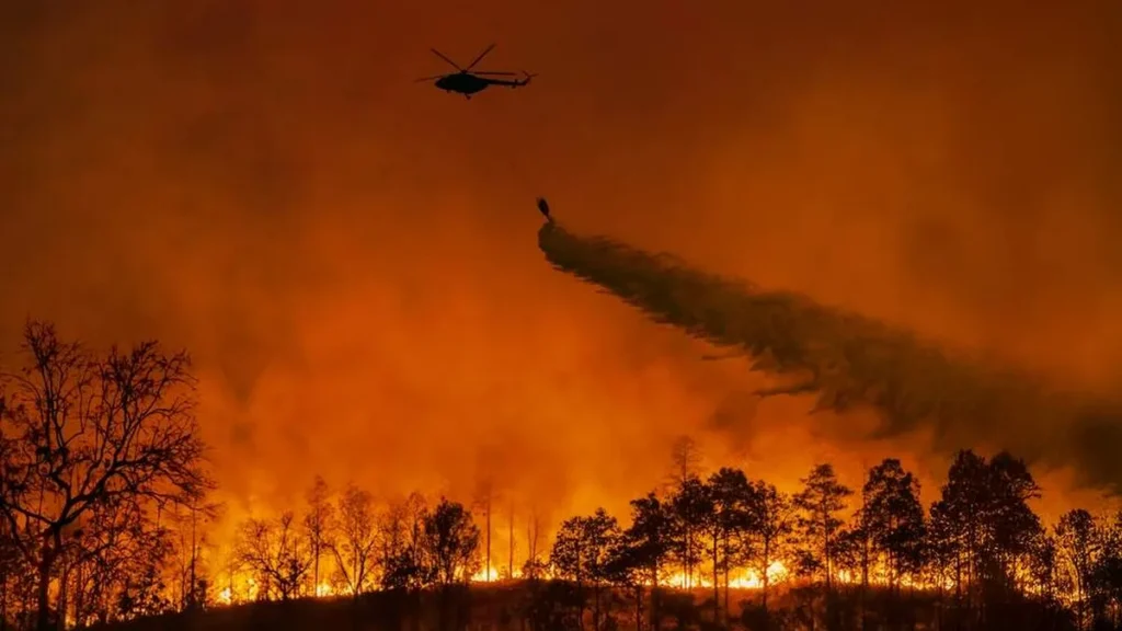 Imagem Helicoptero apagando Incendios do artigo Solidariedade: como podemos ajudar as vítimas dos incêndios?