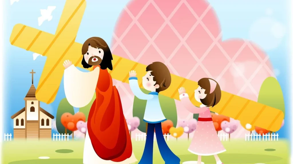 Imagem desenho de criancas carregando a cruz junto a Jesus do artigo Colorindo a fé: Via-Sacra para as crianças