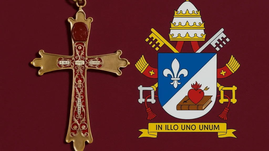 Imagem Cruz Peitoral e Escudo Papal do Papa Leao XIV do artigo Símbolos de Leão XIV destacam missão de escuta e acolhida