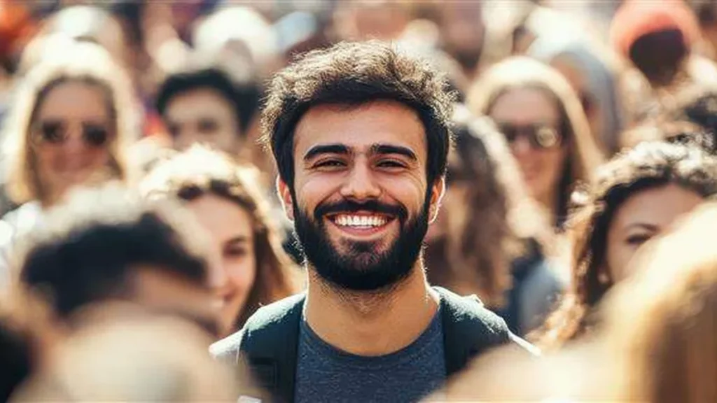 Imagem homem sorrindo enquanto anda numa multidao do artigo Seguir uma vocação é chato? 4 histórias provam o contrário!