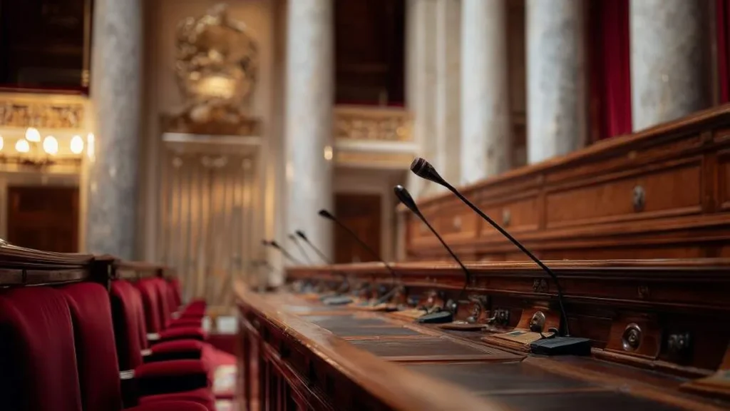 Imagem Microfones e cadeiras vermelhas no predio vazio do parlamento do artigo A religião como massa de manobra do Estado e da política
