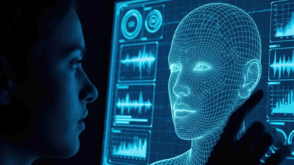 Imagem Uma mulher olha para uma tela de computador futurista exibindo um wireframe azul do artigo Papa Leão XIV escolhe tema do 60º Dia Mundial das Comunicações