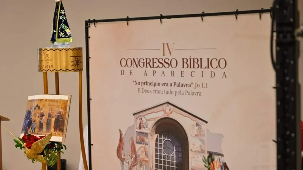 Imagem imagem com arte do IV Congresso Biblico de Aparecida e a imagem de Nossa Senhora do artigo Único no país, Congresso Bíblico aprofunda na Palavra de Deus