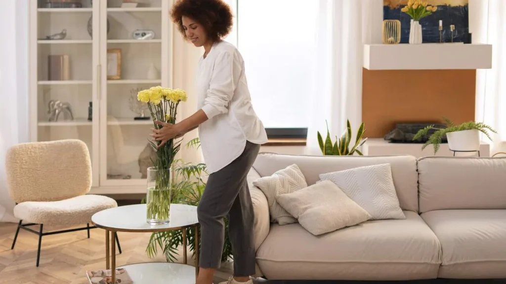 Imagem Mulher em paz e feliz com a casa limpa do artigo Transforme o cuidado com a casa em um aliado do bem-estar