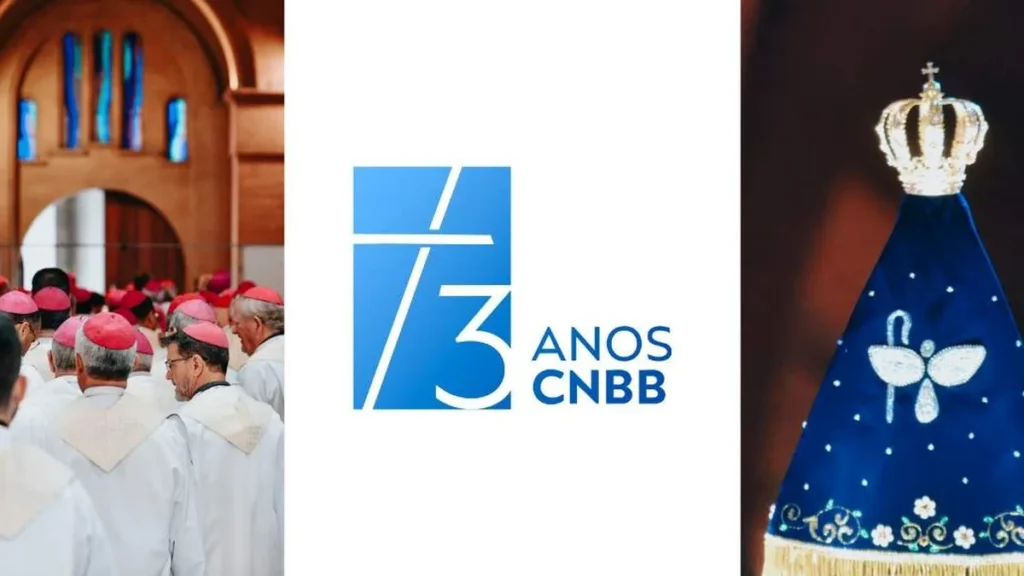 Imagem logo 73 anos da CNBB com imagem de bispos no santuario nacional e o manto de nossa senhora aparecida com cnbb bordado do artigo CNBB celebra 73 anos como sinal de esperança e vida