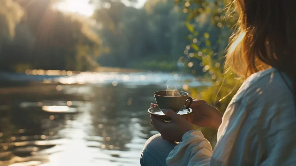 Imagem mulher bebendo cafe e contemplando o silencio da natureza do artigo Quando foi a última vez que você se ouviu no silêncio?