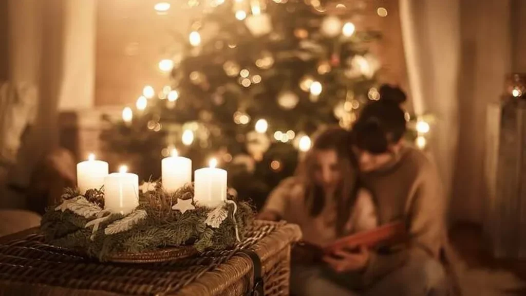 Imagem Familia rezando ao lado da arvore de Natal e uma vela do Advento do artigo Veja dicas de como viver a Novena de Natal em família