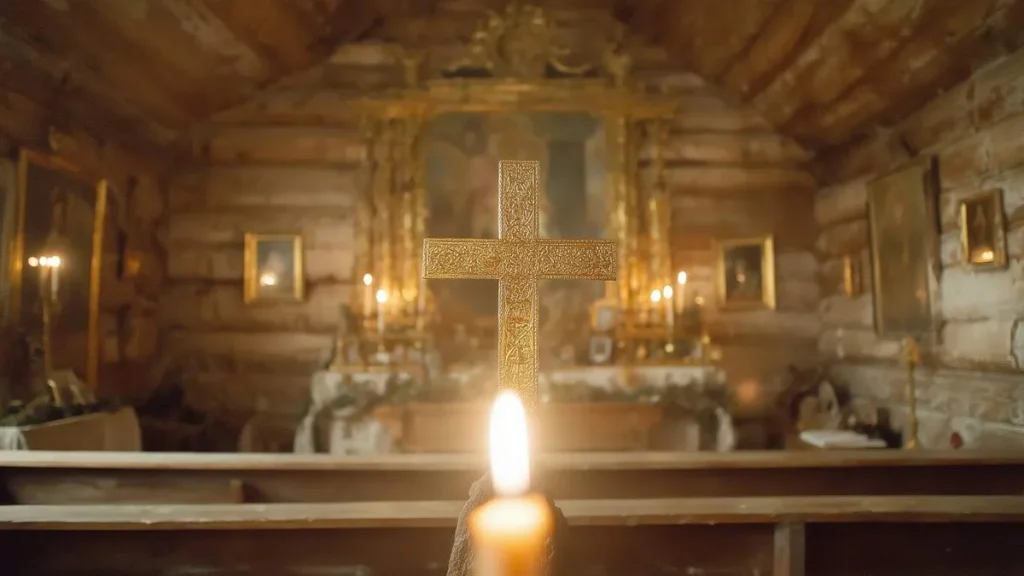 Imagem cruz de cristo dourada com vela a frente dentro da igreja do artigo Reflexão Semanal: diante da cruz, reconhecemos nosso Rei