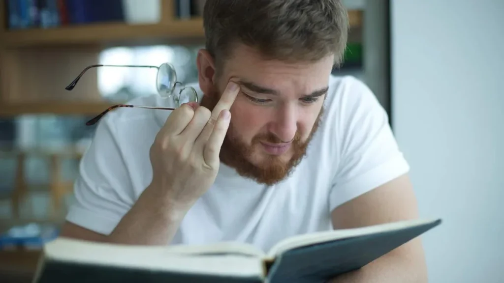 Imagem homem esfrega os olhos ao ler livro dificil do artigo É difícil entender sobre filosofia? Aprenda com este livro!