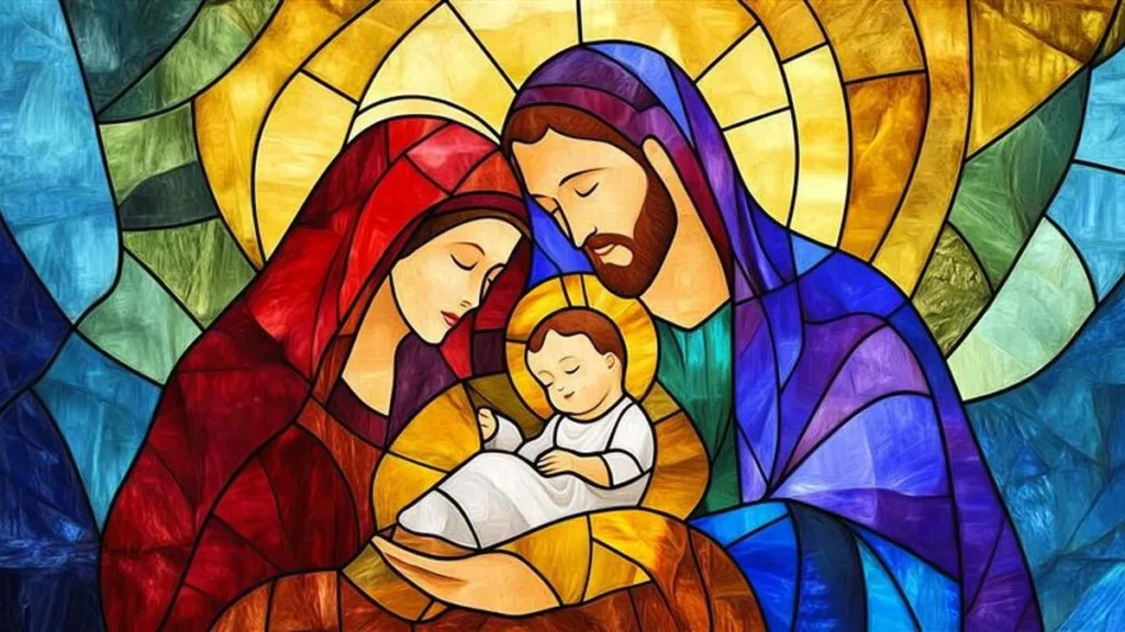 Imagem sagrada familia menino jesus vitral do artigo No Natal, o que significa acolher Jesus, o Deus da Vida?