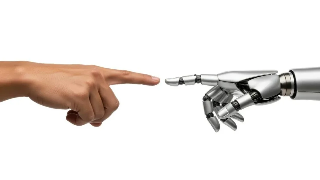 Imagem Dedo humano tocando o dedo robo do artigo Simpósio em Roma debate ética na Inteligência Artificial