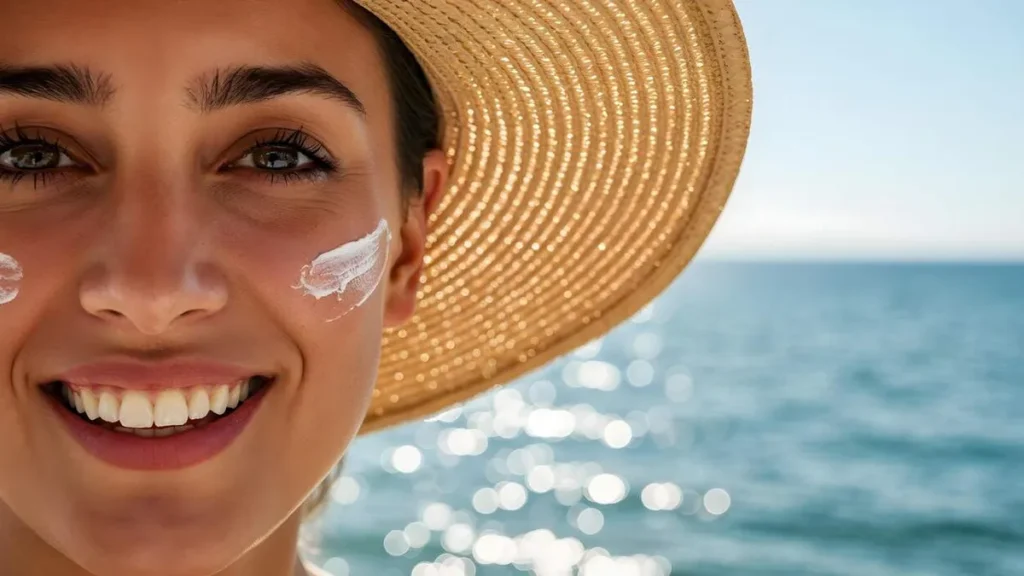 Imagem mulher aplicando protetor solar com um sorriso na praia Easy Resize.com do artigo Vida Saudável: Cuidados com pele durante o verão