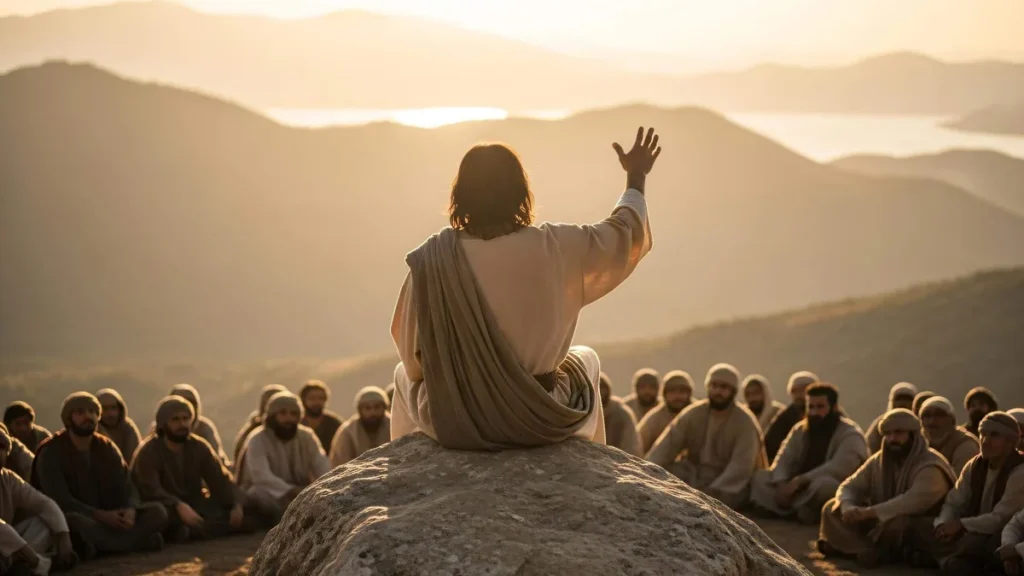 Imagem Jesus na montanha falando ao discipulos do artigo Reflexão Semanal: as bem-aventuranças como caminho para nós