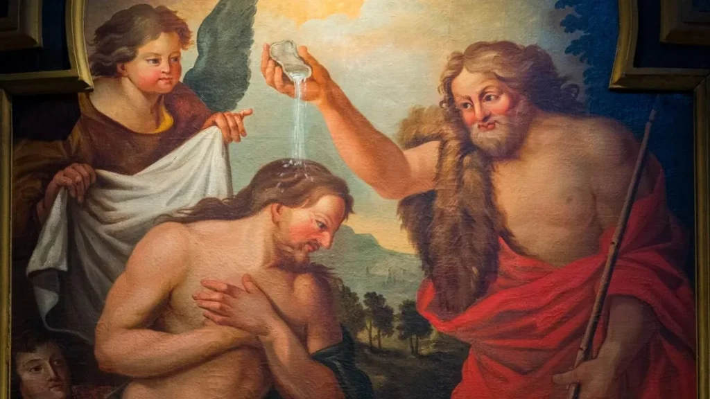 Imagem arte em pintura do batismo de jesus do artigo Por que Jesus, sem pecado, foi batizado?