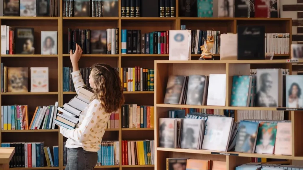 Imagem menina com livros na mao pegando mais livros na prateleira numa livraria do artigo O que o leitor precisa aprender em 2026?