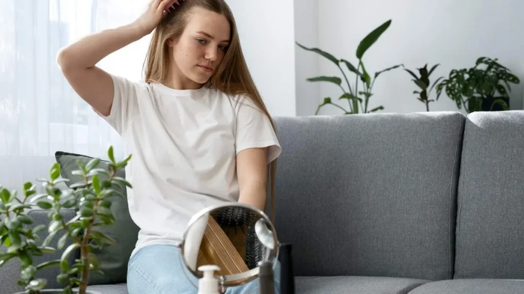 Imagem Mulher penteando o cabelo do artigo Alergias, queda de cabelo e indenização: o que diz a Lei?