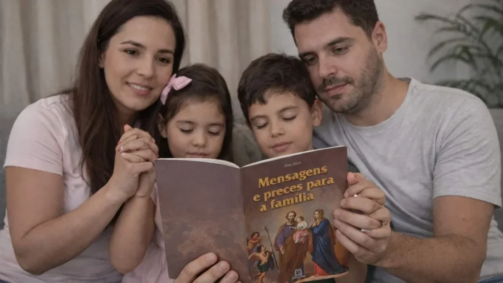 Imagem familia rezando com livro do artigo Confira mensagens e preces para a família ler e rezar