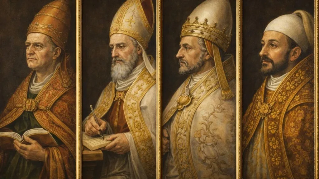 Imagem quatro papas Gregorio X Inocencio V Adriano V e Joao XXI do artigo O ano dos quatro papas