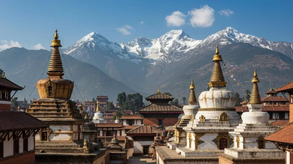 Templos e stupas no vale de Kathmandu com montanhas