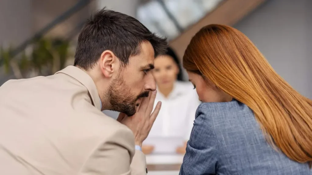 Imagem homem fofocando com uma mulher do artigo Oração contra fofoca