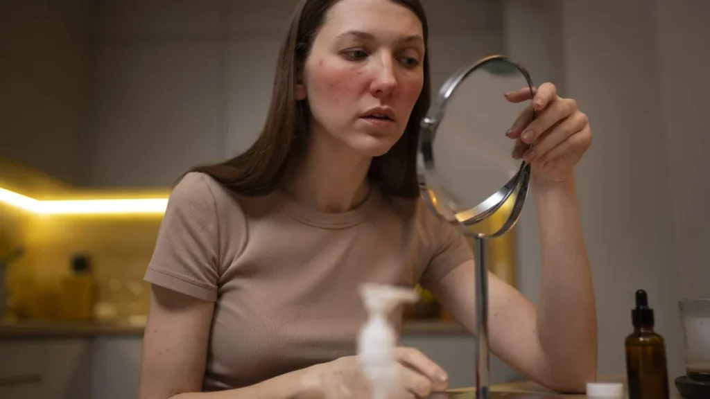 Imagem Mulher com a pele irritada se olha no espelho do artigo Conheça os vilões invisíveis da saúde da pele