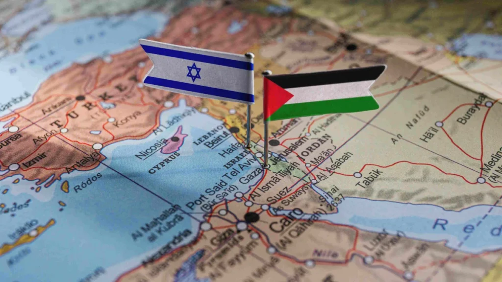 Mapa com as bandeiras de Israel e Palestina